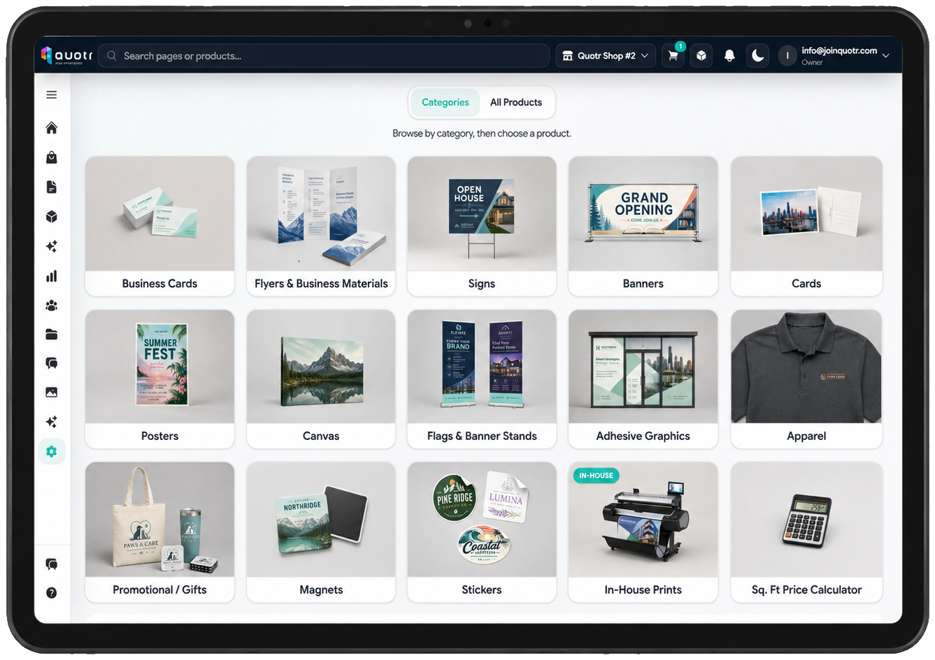 Quotr product catalog shown on a tablet