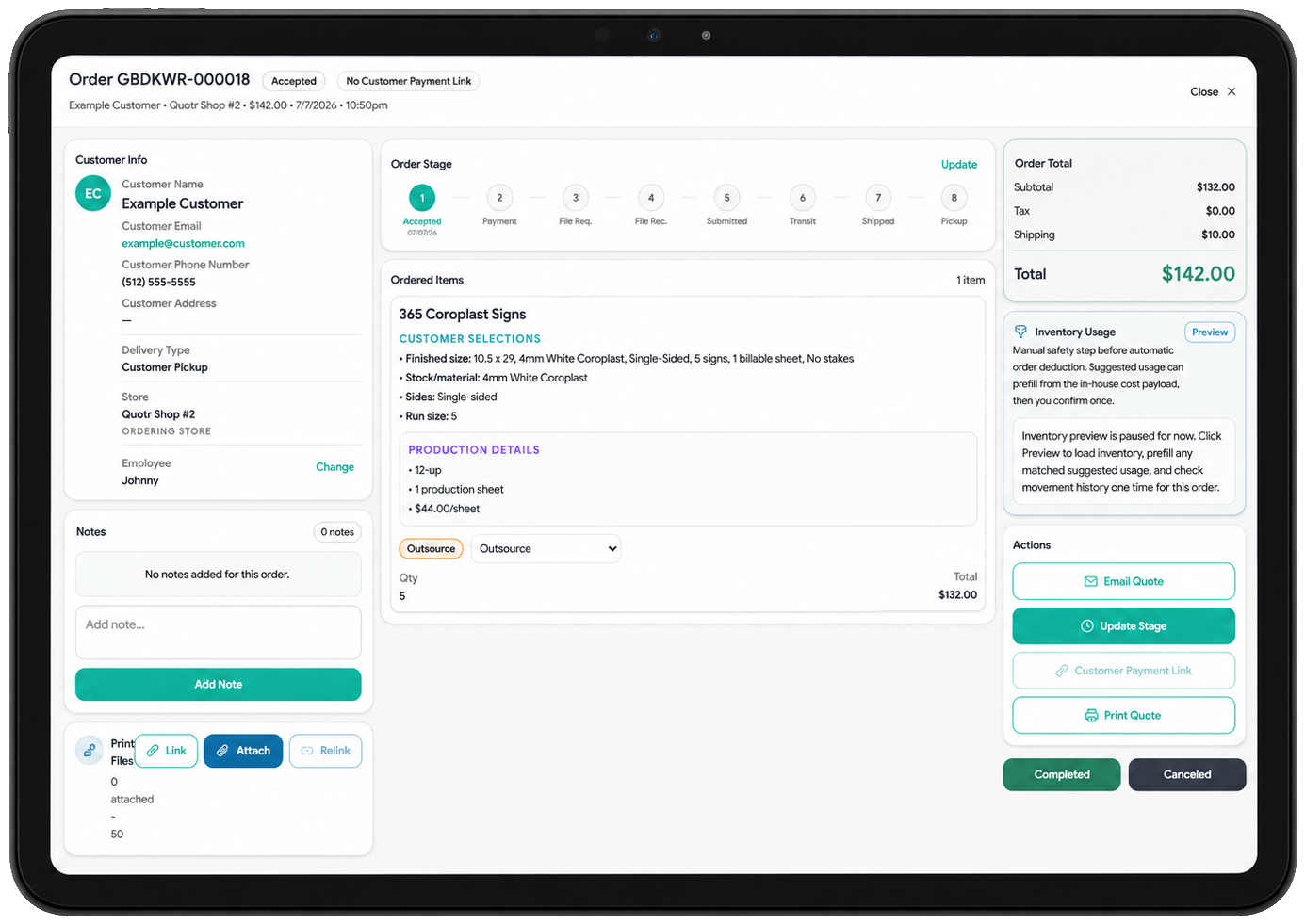 Quotr order workflow shown on a tablet