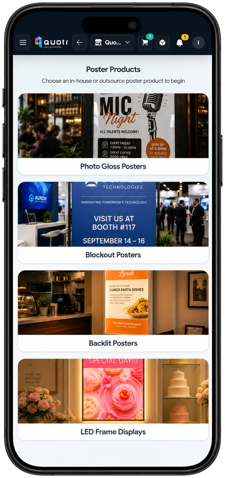 Quotr mobile poster catalog shown on a phone