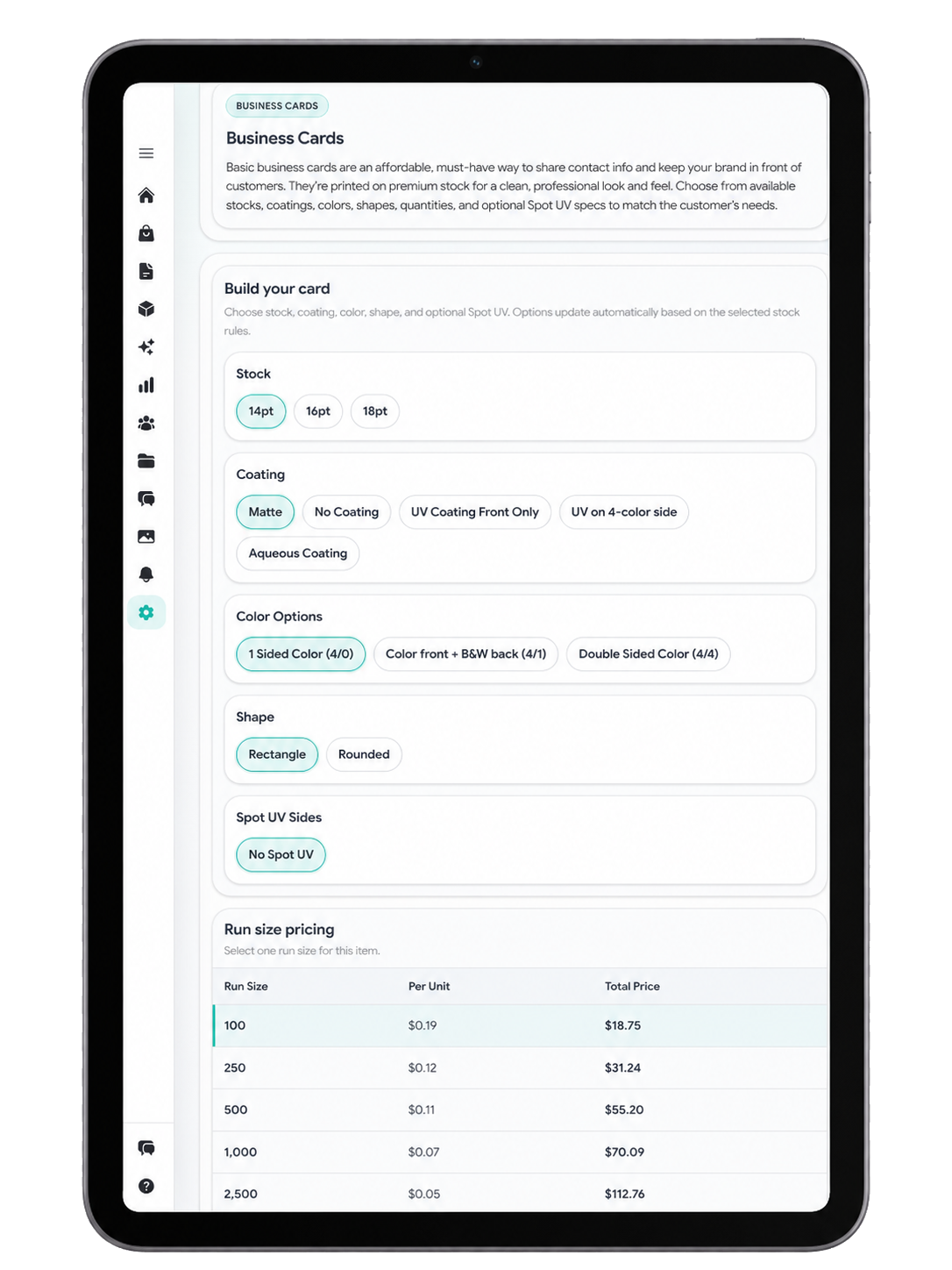 Quotr product builder shown on a mobile device